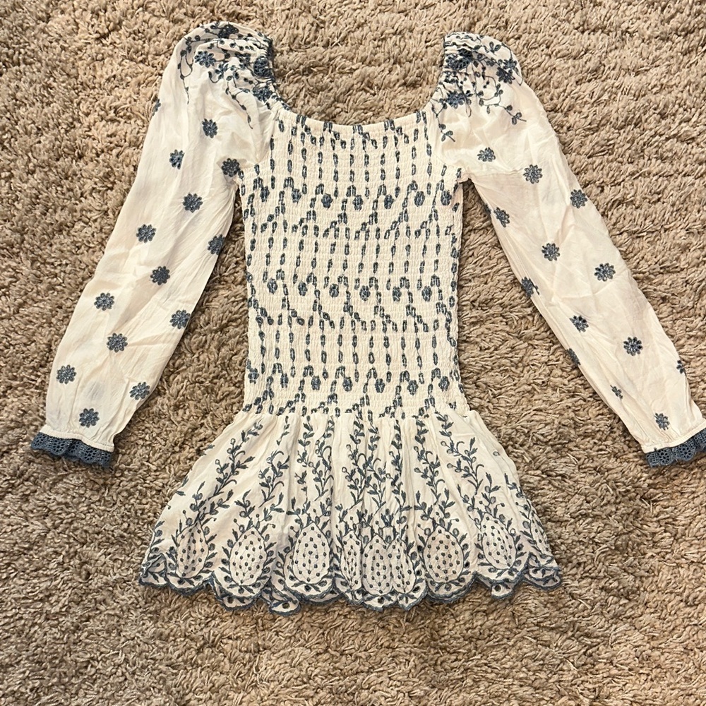 For Love Bell blue and white embroidered mini dress in medium